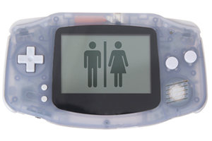 clear portable game console with male and female image on screen