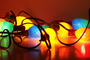 tangled, multicolored Christmas lights